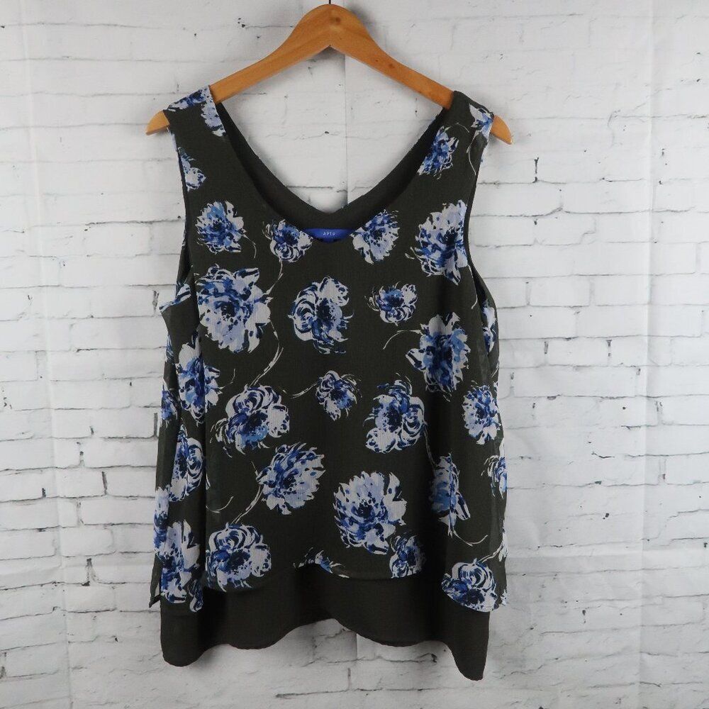 APT 9 OLIVE GREEN FLORAL SLEEVELESS V NECK LAYERED SUMMER TOP SIZE LARGE